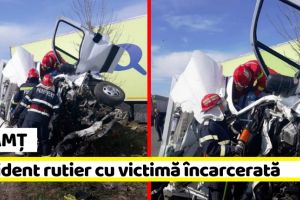 NEAMȚ: Accident rutier cu victimă încarcerată. Impact între un TIR şi o autoutilitară (FOTO)