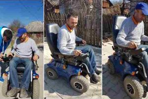 FOTO, VIDEO. Ioan, tânărul din Feneş partial paralizat, a primit în dar, de la oameni cu suflet mare, căruciorul electric pe care şi-l dorea pentru a se putea deplasa