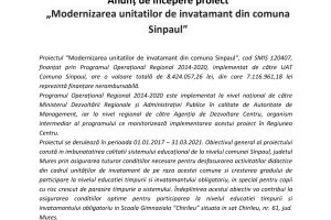 Comunicat de presă: Anunţ de începere proiect „Modernizarea unitatilor de invatamant din comuna Sinpaul”