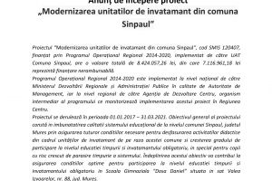 Comunicat de presă: Anunţ de începere proiect „Modernizarea unitatilor de invatamant din comuna Sinpaul”