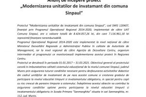 Comunicat de presă: Anunţ de începere proiect „Modernizarea unitatilor de invatamant din comuna Sinpaul”