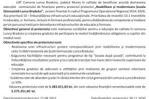 Comunicat de presă: Reabilitare şi modernizare Şcoala Gimnazială Lunca Bradului