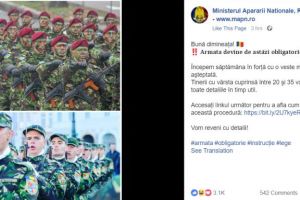 Anunţ VIRAL pe Facebook, de la MApN: ”Armata devine de astăzi obligatorie”