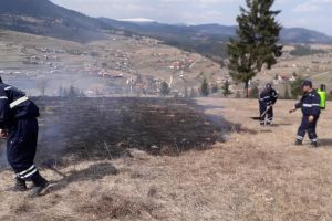 Misiune grea pentru pompieri: 20 de hectare de păşune împădurită, pradă focului la Tulgheş