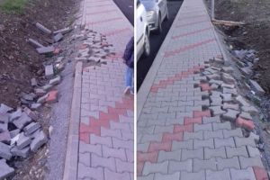 Trotuarul de pe strada Colibiţei din Bistriţa se prăbuşeşte înainte ca tronsonul să fie inaugurat (FOTO)
