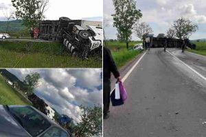 FOTO. Accident MORTAL miercuri după-masa. Două persoane au murit, iar alte patru au fost rănite după impactul dintre un autotren şi două maşini