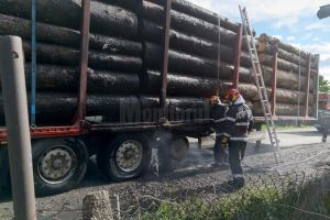 Incendiu la un autotren cu buşteni, de la explozia unui pneu