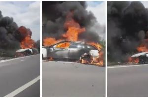 Maşină cuprinsă de flăcări în mers, pe drumul ce leagă Timişoara de Moraviţa