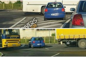 Șofer nerăbdător. Pe linie continuă, pe contrasens, în sensul giratoriu