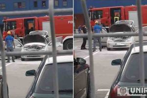 UPDATE FOTO. INCENDIU în parcare la Dedeman. Un autoturism a luat foc. Au intervenit pompierii