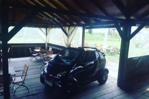 Maşină parcată cu tupeu în interiorul terasei unei societăţi comerciale, în Timiş