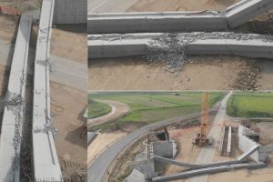 VIDEO: Una dintre grinzile care s-a prăbuşit pe şantierul lotului 2 al autostrăzii Sebeş-Turda, s-a făcut ţăndări