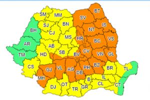 Cod portocaliu de ploi în Harghita şi alte 15 judeţe