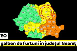 METEO: Cod galben de furtuni în judeţul Neamţ, astăzi, 8 iunie