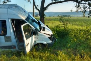 Un microbuz cu muncitori la autostradă a intrat într-un copac. Patru răniţi. FOTO