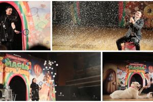 O lume de poveste creată de magicianul Lorenzo şi bubble artist Claudia Stroe în faţa unei săli pline
