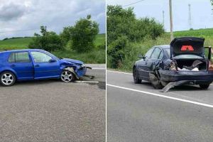 FOTO: ACCIDENT rutier DC47 spre Cut, cu două autoturisme implicate. Trei persoane au fost rănite. Circulaţie blocată pe un sens