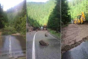 FOTO, VIDEO: DN 67C BLOCAT între barajul Tău si Oaşa. Intervin pompierii cu două autospeciale şi 10 subofiţeri în sprijin pentru deblocare