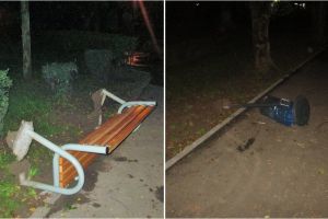 FOTO. Tineri prinşi în flagrant în timp ce distrugeau bănci şi coşuri de gunoi, în Satu Mare