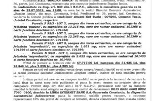 Teren din comuna Tuzla scos la vanzare de  B.E.J. “Bogdan Ionica prin licitatie publica 
