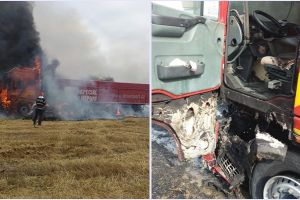 FOTOGALERIE. TIR în flăcări, în judeţul Satu Mare. Au intervenit pompierii