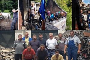 FOTO. O parte dintre salvatorii de la ISU Alba au intrat în ”tură” în timpul liber pentru a da o mână de ajutor la îndepărtarea resturilor rămase în urma incendiului de la Mănăstirea Râmeţ