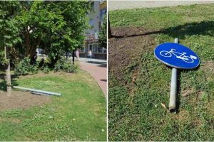 FOTO| Știrea ta: Ce aţi avut cu indicatorul? Semn de circulaţie smuls din pământ, pe bulevardul Transilvaniei din Alba Iulia