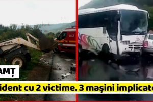 NEAMȚ: Accident cu 2 victime. Impact între un autocar, un buldoexcavator şi un autoturism (FOTO)