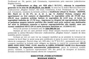 B.E.J. “Bogdan Ionica organizeaza licitatie publica in vederea vanzarii unui imobil din Tulcea