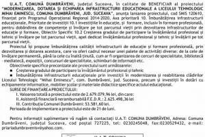 “MODERNIZAREA, DOTAREA ŞI ECHIPAREA INFRASTRUCTURII EDUCAŢIONALE A LICEULUI TEHNOLOGIC ...