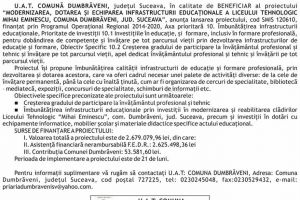 “MODERNIZAREA, DOTAREA ŞI ECHIPAREA INFRASTRUCTURII EDUCAŢIONALE A LICEULUI TEHNOLOGIC ...