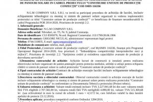 ANUNȚ DE PARTICIPARE LA PROCEDURA COMPETITIVA   ACHIZITIE DE LUCRARI INCLUSIV ECHIPAMENTE TEHNOLOGICE CU MONTAJ SI SISTEM DE PANOURI SOLARE IN CADRUL PROIECTULUI CONSTRUIRE UNITATE DE PRODUCȚIE CONFECȚII COD SMIS 116336
