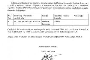 Rezultatul selectiei dosarelor de inscriere pentru postul de Director Economic - R.A.D.E.T. Constanta 