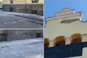 FOTO| Știrea ta: Pericol pentru pietoni şi autoturisme. Tencuială desprinsă de pe clădirea Colegiului Tehnic Aiud