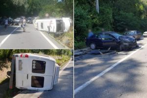UPDATE| FOTO: PLAN ROȘU de intervenţie pe Valea Oltului. 21 de persoane implicate şi 9 victime, în urma impactului dintre un microbuz şi un autoturism