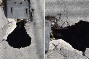 FOTO ȘTIREA TA: Nici o zi fără gropi la Alba Iulia. Crater imens, apărut pe o stradă din municipiu