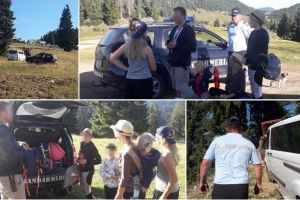 FOTO. Familie de cehi, cu patru copii, împotmoliţi cu maşina între Poiana Călineasca şi satul Casa de Piatră, ajutaţi de jandarmi şi poliţişti. Turiştii au solicitat sprijin prin apel la 112