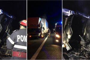 FOTO. Incendiu la un camion, pe autostrada A1, între Sebeş şi Orăştie. Intervin pompierii din Sebeş