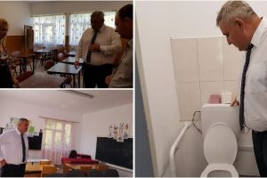 FOTO: Prefectul judeţului, din nou la şcoală. Inspecţie a lui Emil Hălălai la unităţile de învăţământ, inclusiv în toaletele acestora