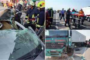 FOTOGALERIE. Accident teribil în Botiz! Două victime, după un impact violent între un TIR şi o maşină