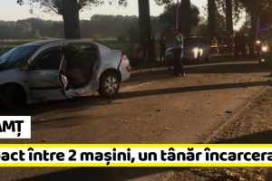 NEAMȚ: Impact între 2 autoturisme, un tânăr încarcerat (FOTO)
