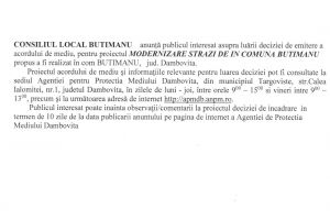 CONSILIUL LOCAL BUTIMANU anunţă publicul interesat asupra luării deciziei de emitere a acordului de mediu, pentru proiectul MODERNIZARE STRĂZI DE IN COMUNA BUTIMANU