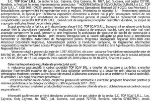 ÎNCHEIEREA PROIECTULUI ” MODERNIZAREA ŞI DEZVOLTAREA DURABILĂ A S.C. TOP SCAV S.R.L.”