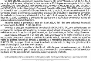 MODERNIZARE TEHNOLOGICĂ PRIN DOTARE CU ECHIPAMENTE MEDICALE LA SC DUO STIL SRL