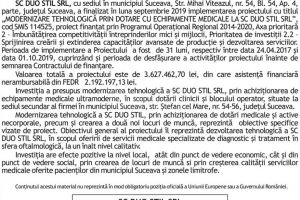 MODERNIZARE TEHNOLOGICĂ PRIN DOTARE CU ECHIPAMENTE MEDICALE LA SC DUO STIL SRL
