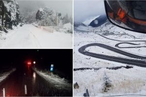 FOTO. Circulaţie în condiţii de IARNĂ pe  DN 7C Transfăgărăşan. Intervenţie a drumarilor cu 6 utilaje şi 21 de tone de material antiderapant