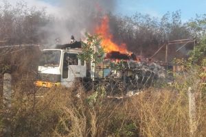 FOTO Un camion cu stupi a luat foc într-o comună din Botoşani. Pompierii intervin de urgenţă
