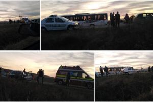FOTO. Accident rutier la intrare în Vinerea: Un autoturism Peugeot a intrat într-un autobuz