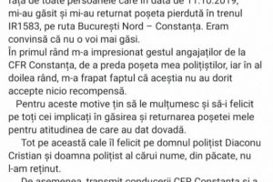 O femeie multumeste politistilor si ceferistilor constanteni