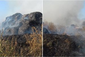 FOTO, VIDEO. Incendiu la o stivă de baloţi, la Rădeşti. Intervin pompierii